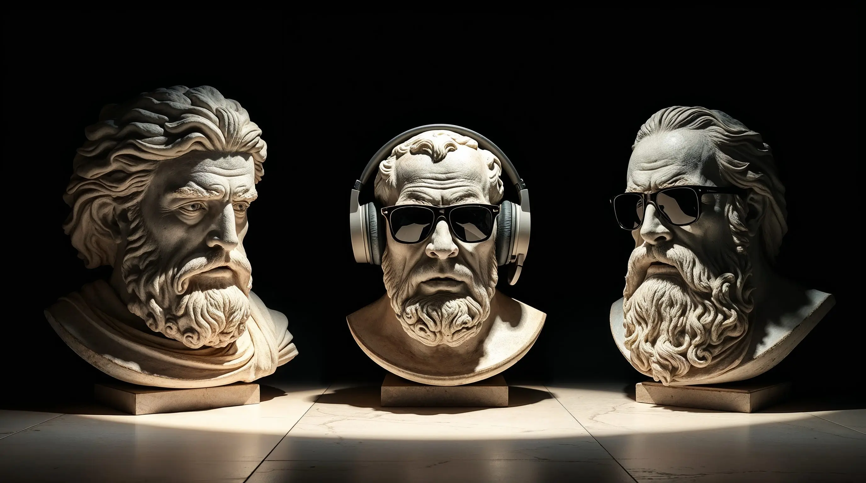 Three marble busts of ancient philosophers, one altered with modern headphones and sunglasses, representing philosophical thought distorted by contemporary media and cultural saturation.