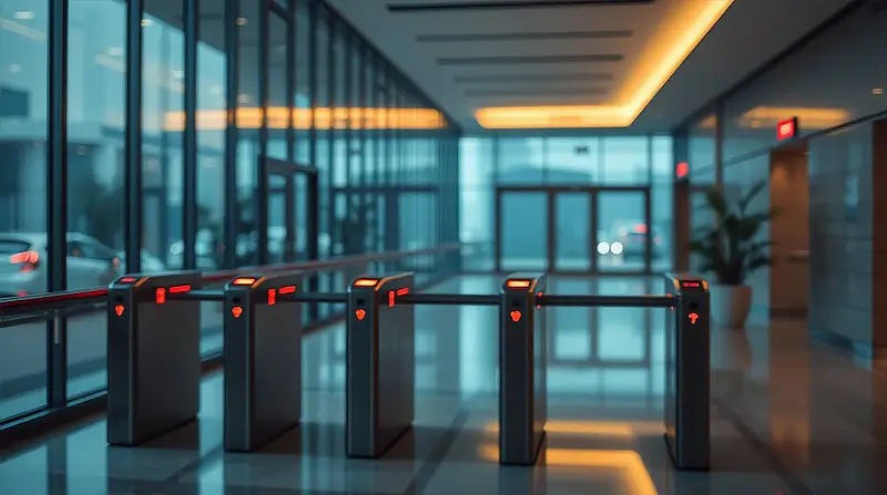 A corporate executive gestures from a glass office with vacant desks behind them while digital graphs and security badges float in the background, suggesting efficiency worship amidst layoffs.
