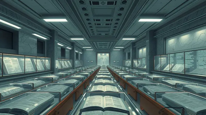 A large institutional hall with rows of open books preserved under glass cases, displayed in a symmetrical archival layout.