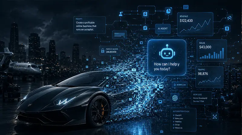 A luxury supercar dissolves into chatbot interfaces, dashboards, prompts and automation systems, symbolizing AI passive-income culture and invisible labor.