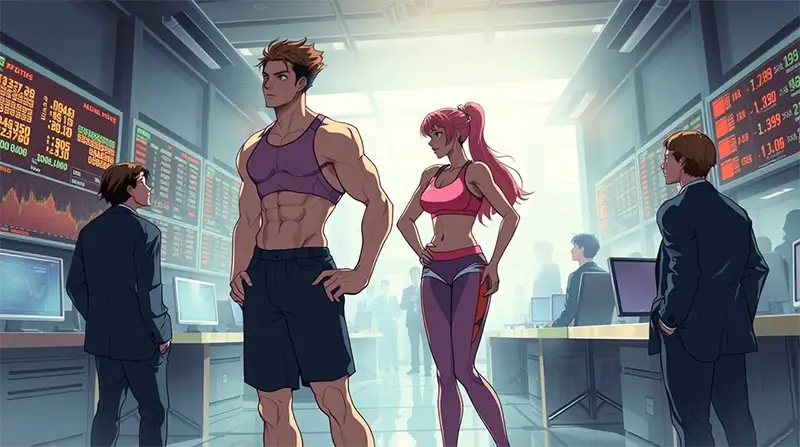 A stylized illustration of a muscular man and an athletic woman in workout clothing standing confidently inside a modern financial trading floor, surrounded by traders and digital market screens, suggesting the intersection of fitness culture, performance aesthetics and financial systems.