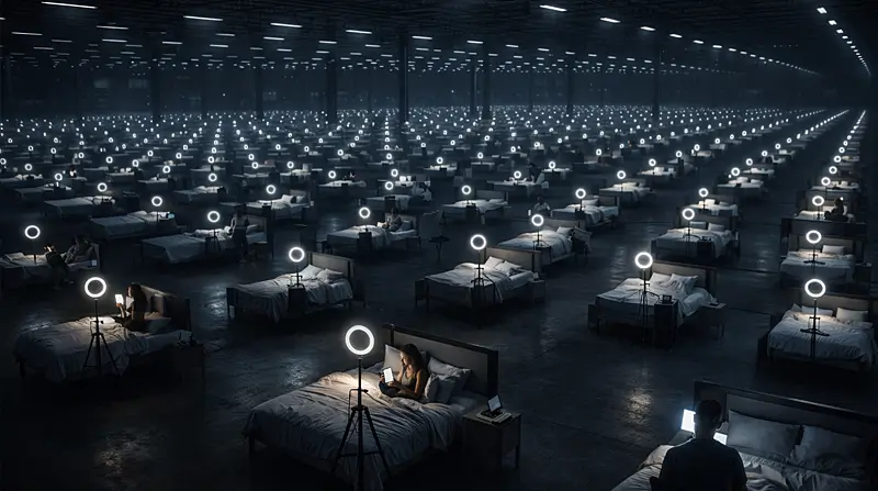 Vast dark warehouse filled with endless rows of identical beds, each with a ring light and a phone on a tripod, a few occupied by women filming alone.