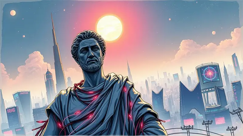 A stylized illustration of an ancient Roman philosopher statue standing in the foreground of a futuristic city skyline at sunset, with modern skyscrapers, digital billboards and glowing technological elements blending classical philosophy with contemporary urban systems.