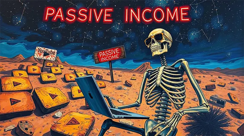A skeleton wearing sunglasses sits in a desert landscape using a laptop, surrounded by scattered play-button icons and signs reading “Passive Income,” under a starry night sky.