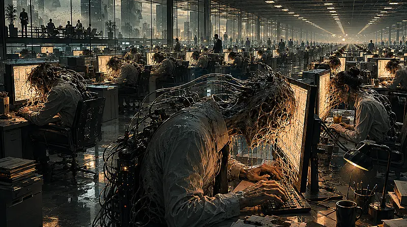 Workers fused to glowing computer terminals in a vast office, illustrating AI slop, synthetic productivity and the contamination of human thought by automation.