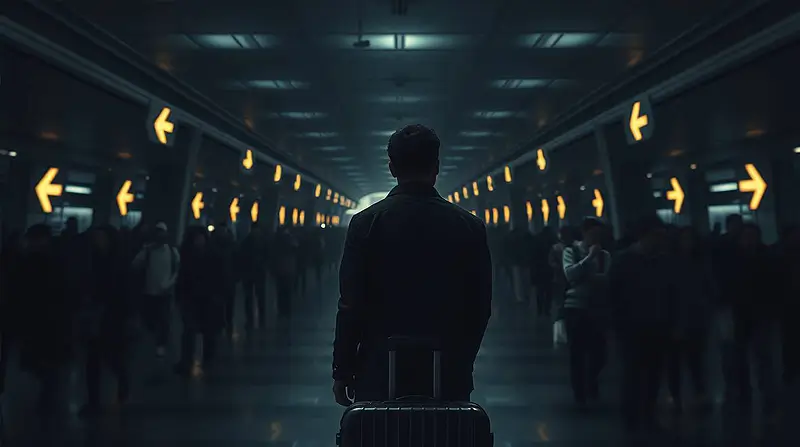 A solitary traveler standing still in a crowded transit corridor, surrounded by glowing directional arrows pointing forward, holding a suitcase as movement flows past him.