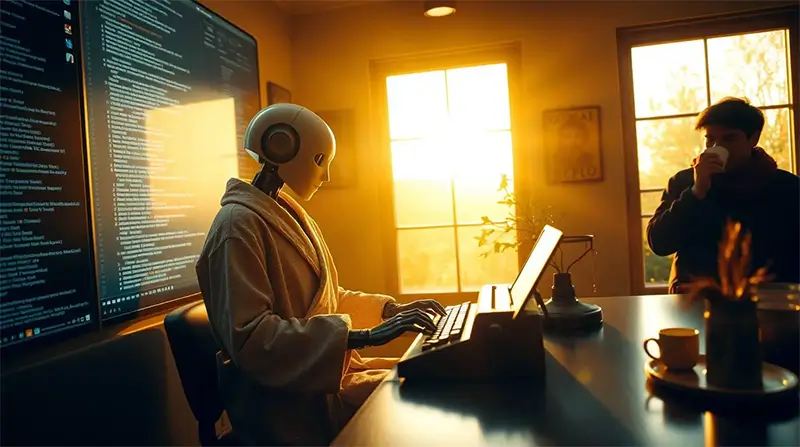 A humanoid robot sits at a desk typing on a laptop in a warmly lit room, with a large screen displaying lines of code behind it, while a person stands nearby holding a cup, and sunlight enters through windows.