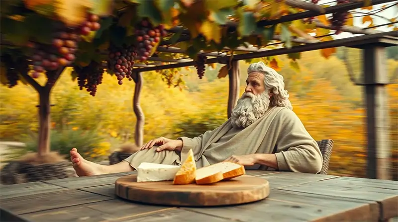 An elderly bearded man in simple robes reclines at a wooden table beneath a grapevine pergola, with bread and cheese placed on a board in front of him, surrounded by autumn foliage.