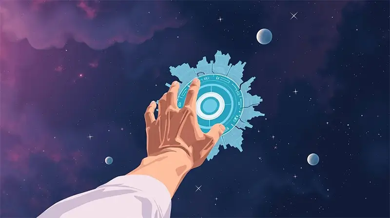 A human hand reaches toward a glowing circular interface floating in space, surrounded by stars, planets and abstract geometric elements.