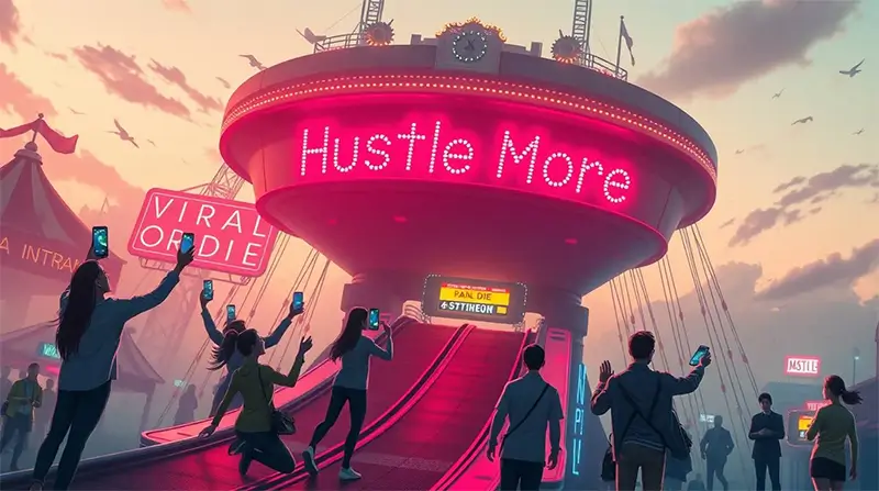 A large carnival-style structure with a glowing sign that reads "Hustle More," while people stand around holding smartphones and taking photos as they approach the entrance.