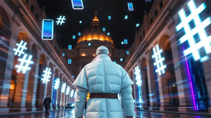 A person wearing a white coat and cap walks through a symmetrical colonnade at night toward a large domed building, while glowing smartphone icons and hashtag symbols float in the air, combining classical architecture with digital social media elements.