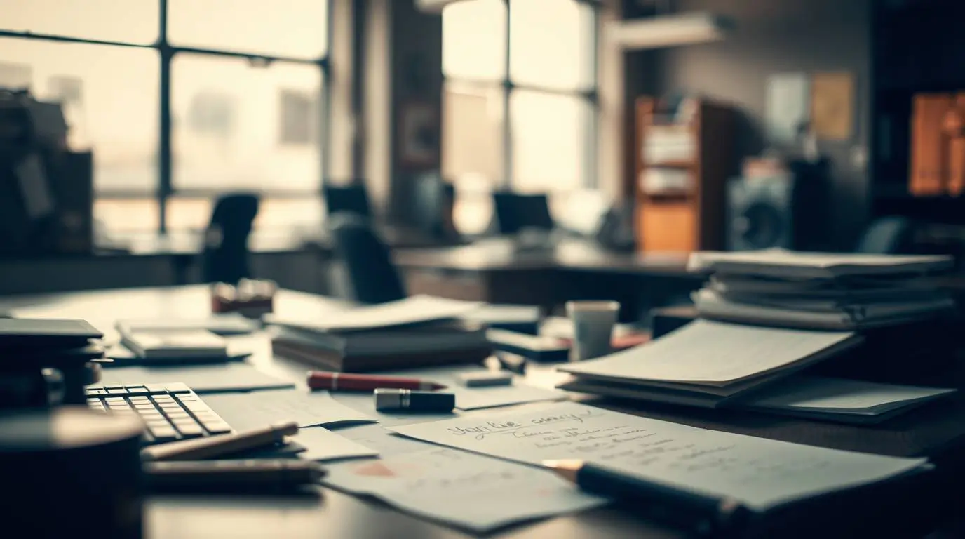 Cluttered office desk with paperwork, notebooks and pens left unattended in a quiet workspace.