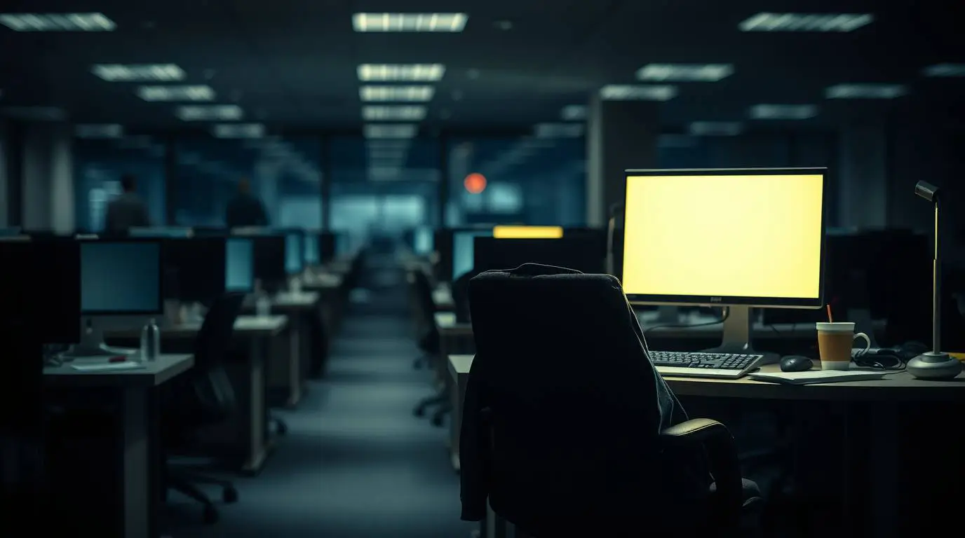 Empty office workstation with a powered-on monitor and unattended desk in a dark open-plan office after layoffs.