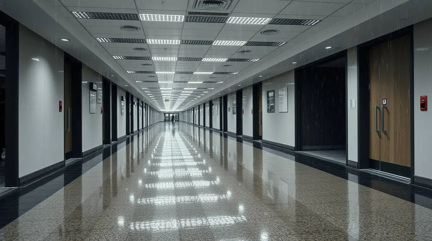 Long empty corporate hallway with closed office doors and fluorescent lighting, suggesting return-to-office discipline.