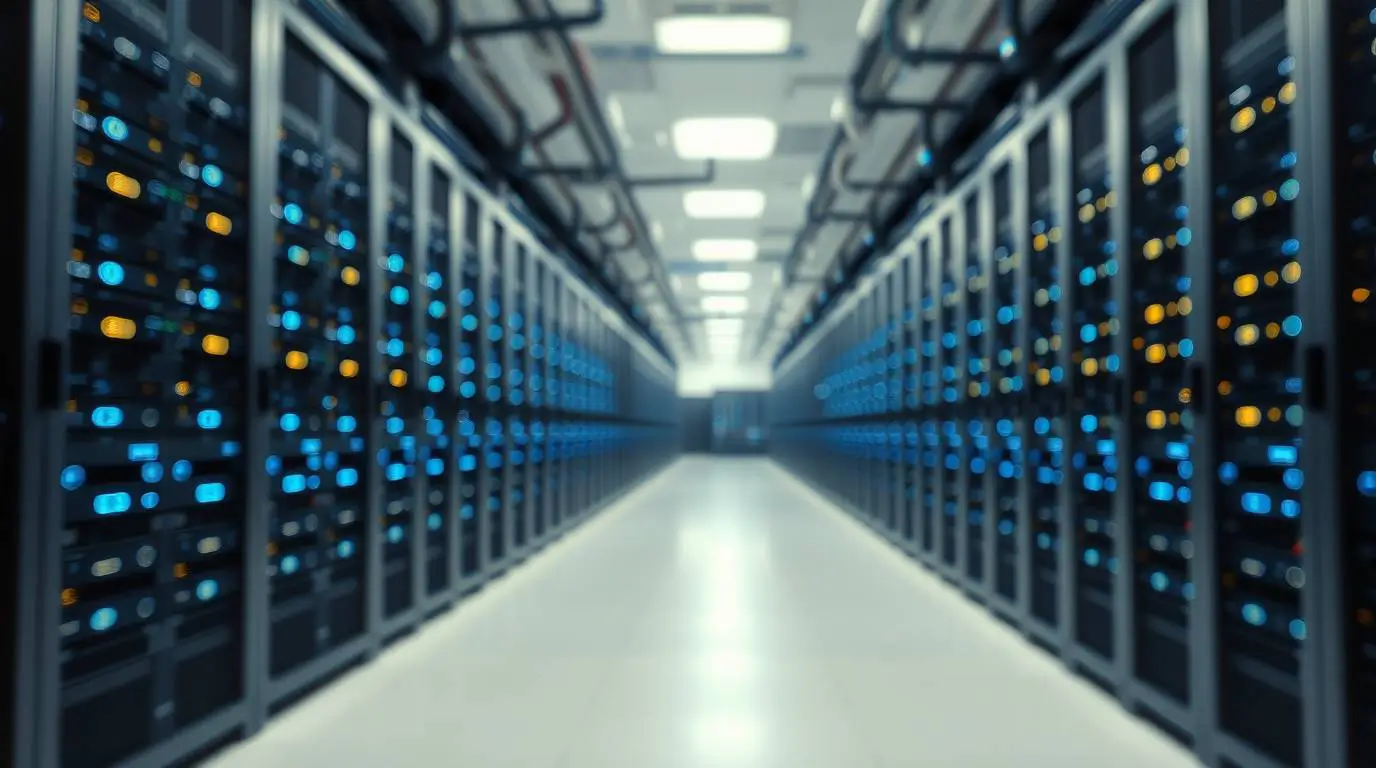 Rows of server racks in a modern data center with indicator lights, representing large-scale AI and automation infrastructure.