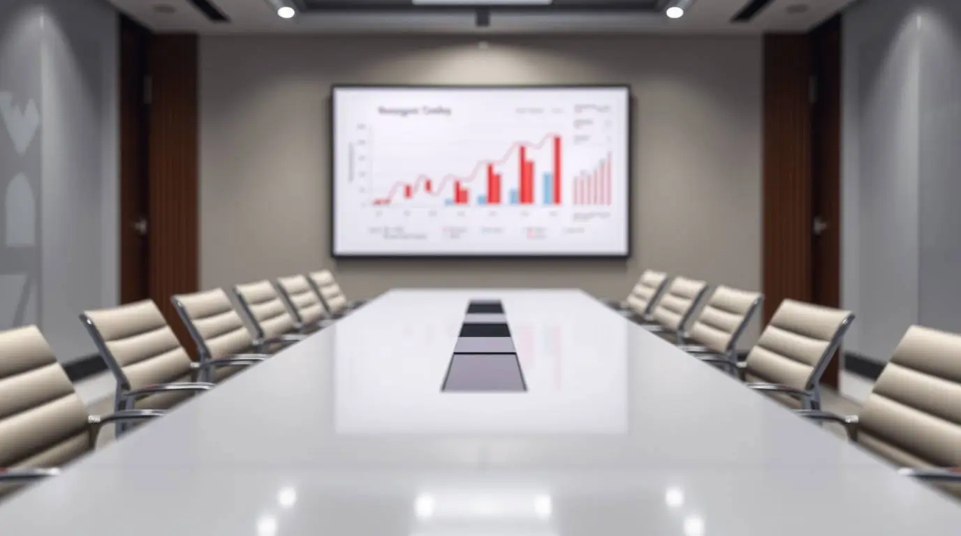 Empty corporate boardroom with a presentation screen showing efficiency metrics, symbolizing layoffs and decision-making without employees present.
