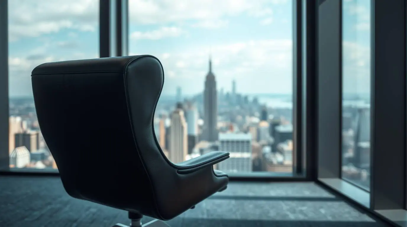 Empty executive office chair positioned near floor-to-ceiling windows overlooking a city skyline.