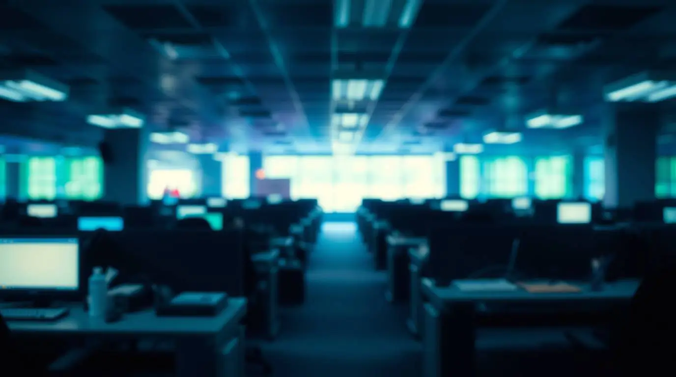 Empty open-plan office with rows of desks and glowing monitors after layoffs, conveying absence and survivor guilt.