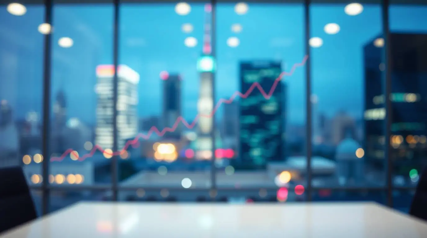 Blurred city skyline seen through an executive office window with an upward financial chart reflected on the glass.