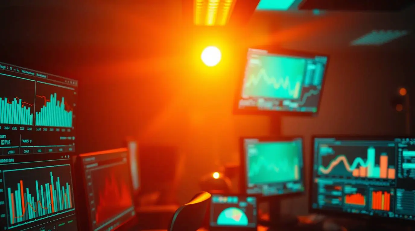 Multiple glowing productivity dashboards displaying charts and performance metrics in a dark office environment.