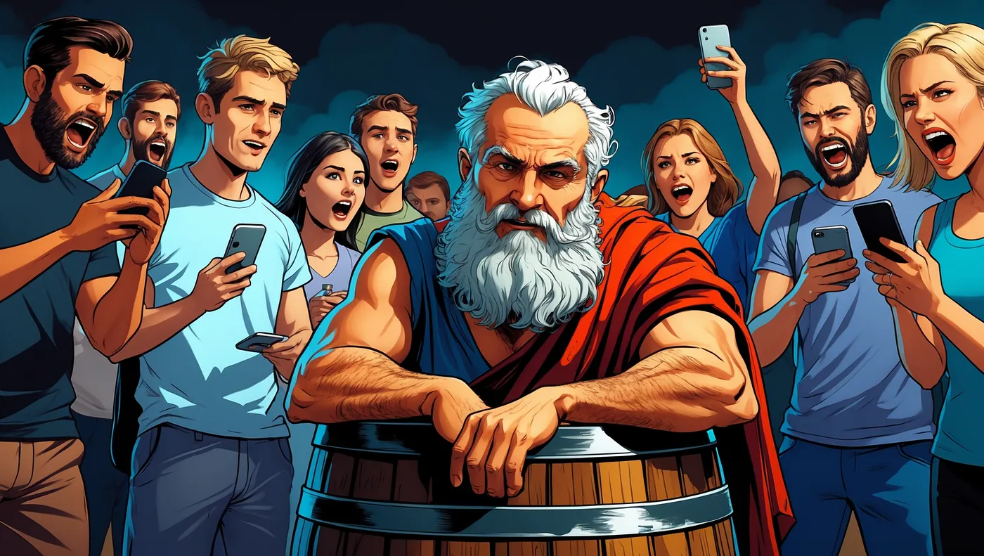 A satirical illustration of an ancient bearded philosopher standing inside a barrel, calmly observing a crowd of modern people shouting and filming him with smartphones, symbolizing timeless cynicism confronting modern attention obsession.