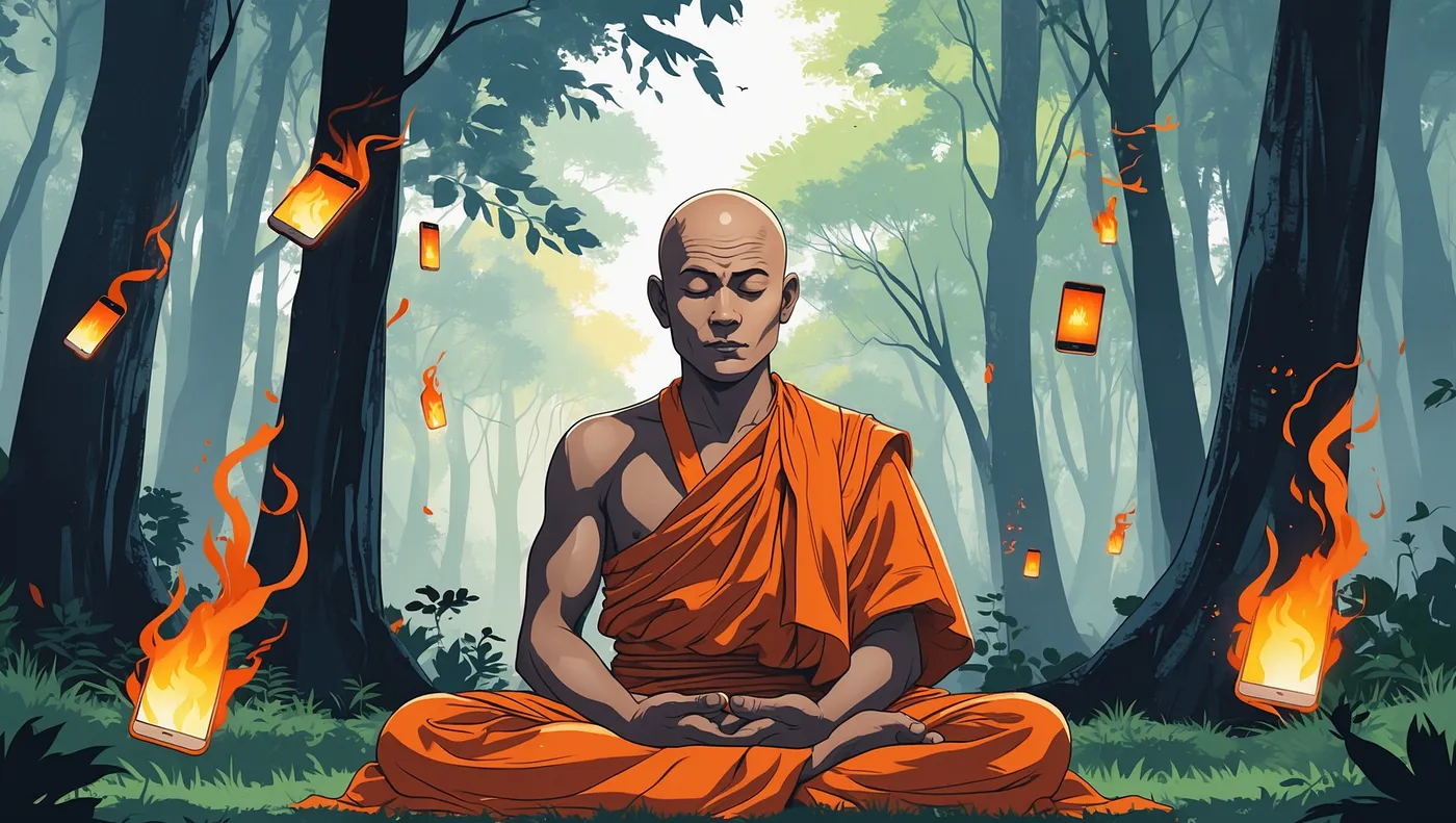 A stylized illustration of a monk meditating in a forest while smartphones burn and float around him, symbolizing the intrusion of digital distraction and attention economy into spiritual practice.