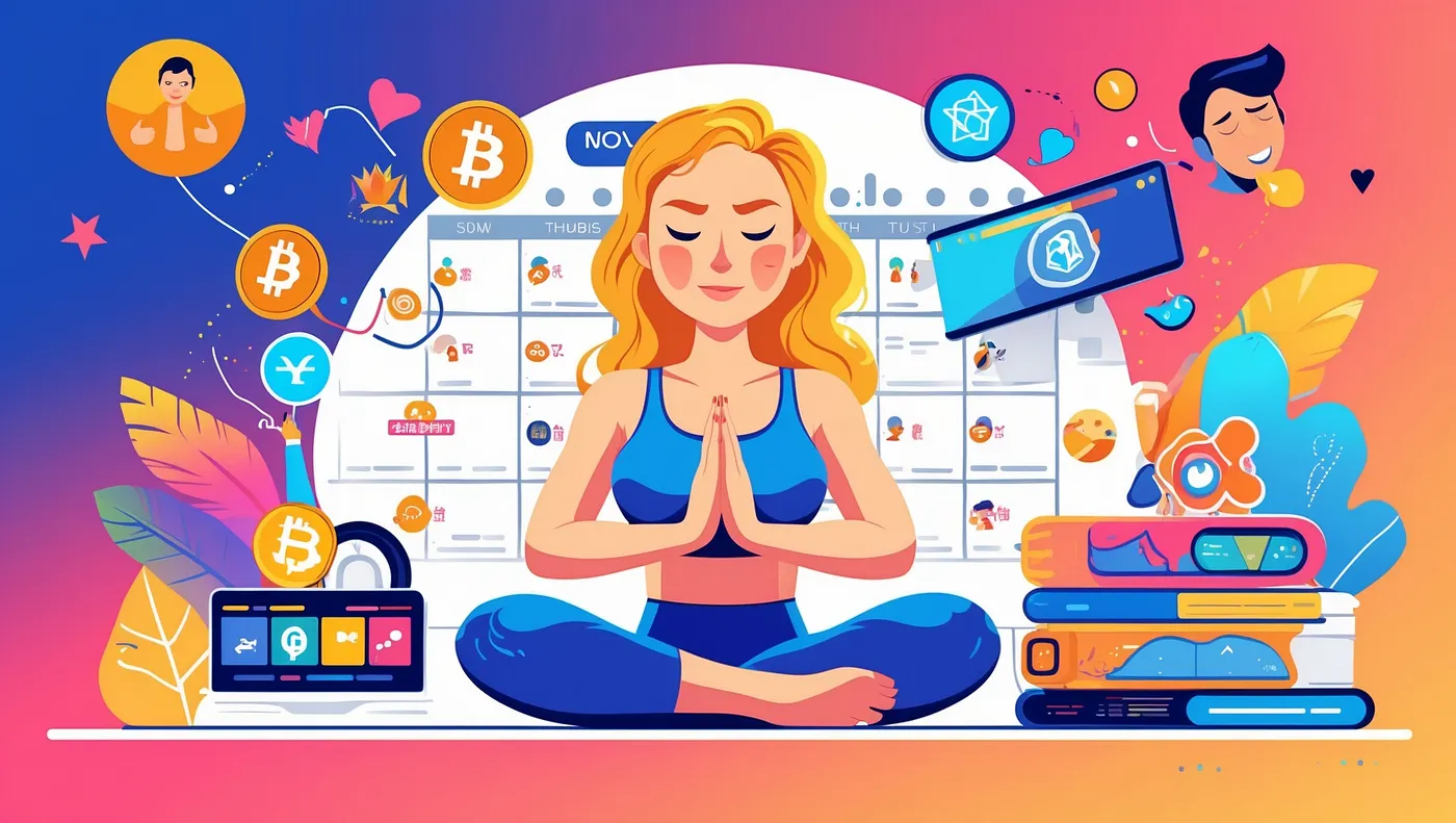 A stylized illustration of a woman meditating in front of a digital calendar while cryptocurrency symbols, productivity apps and social media icons float around her, representing performative mindfulness within a hyperconnected hustle culture.