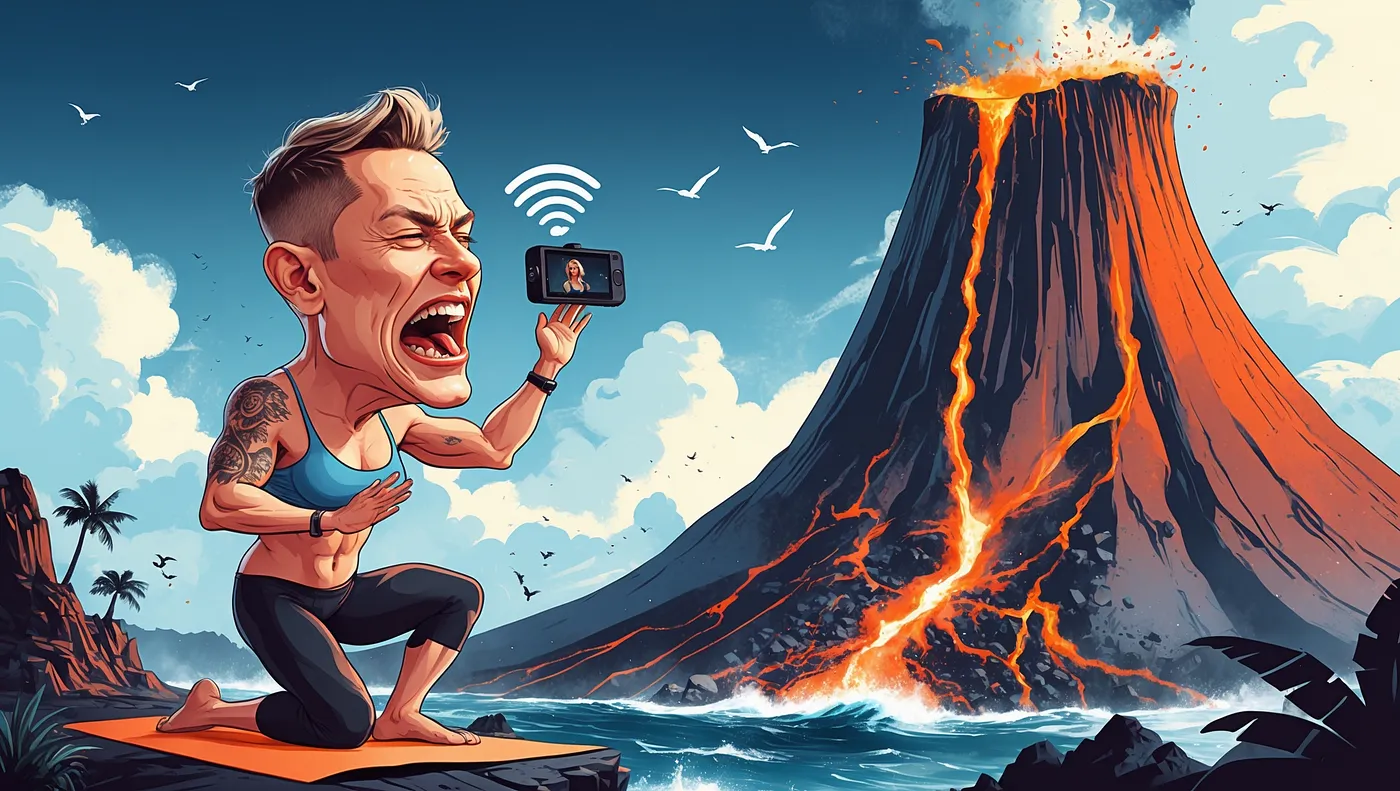 A satirical illustration of a muscular fitness influencer kneeling on a yoga mat, shouting into a smartphone during a livestream, while a volcano erupts behind them, symbolizing performative wellness, attention seeking and self-optimization culture in extreme environments.