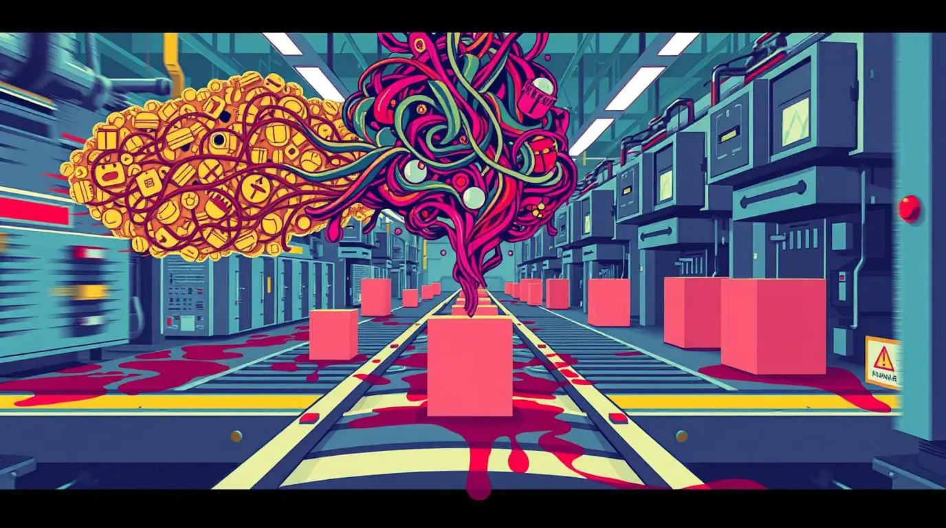 A factory assembly line processing pink content blocks while a tangled mass of icons and cables is forced through machines, symbolizing ideas converted into standardized output.