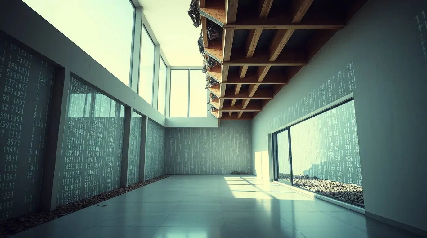 An empty modern room with large windows and walls covered in faint numeric patterns, suggesting a space optimized for data rather than living.