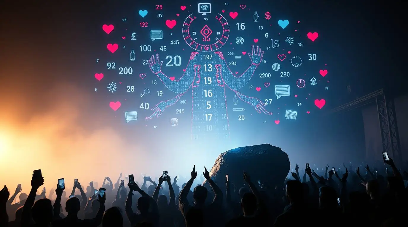 A crowd raises phones toward a glowing digital figure surrounded by hearts, numbers and icons, depicting engagement metrics worshiped as authority.