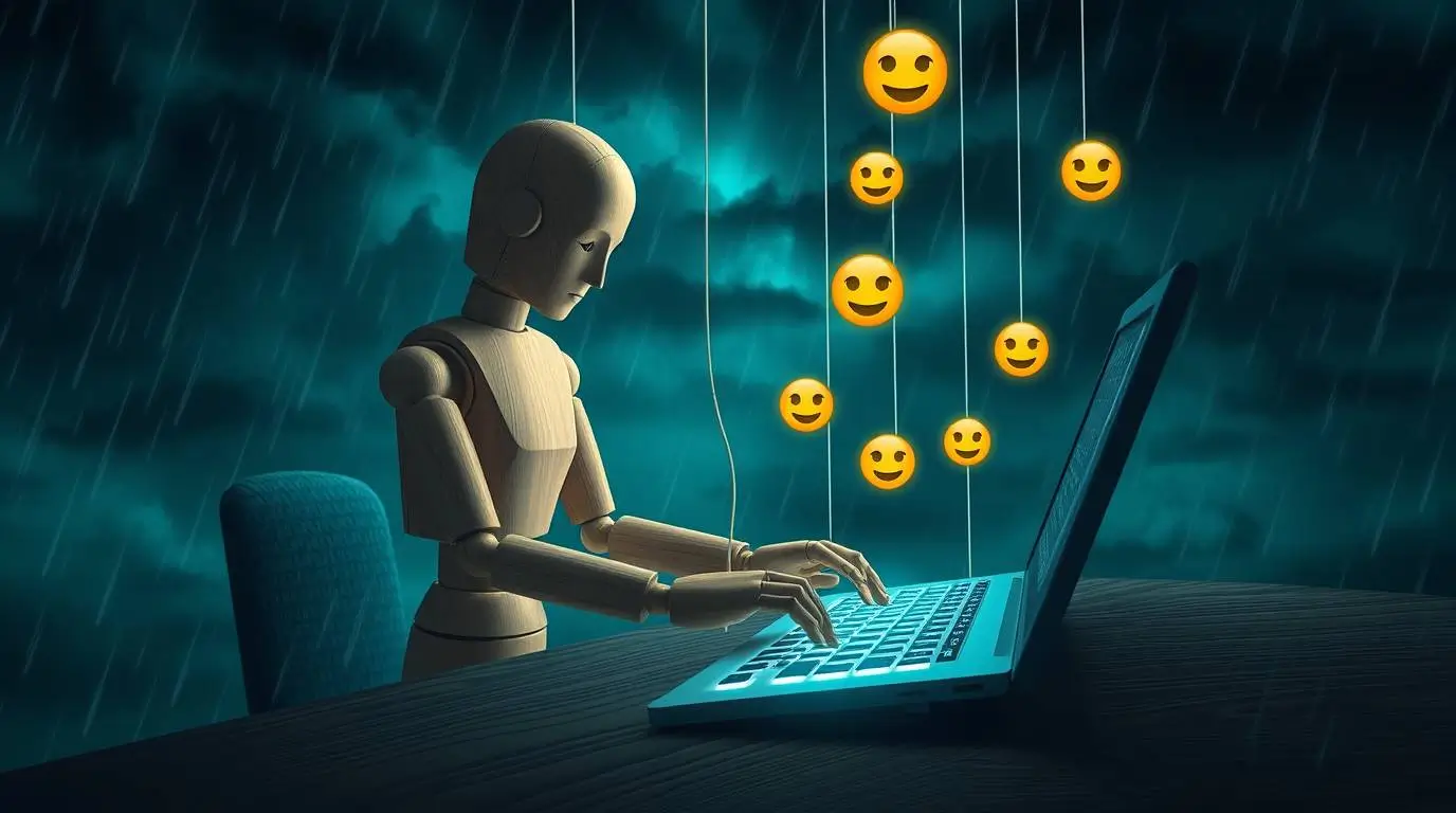 A wooden mannequin types at a laptop while smiling reaction icons hang above on strings, suggesting engagement metrics controlling expression.