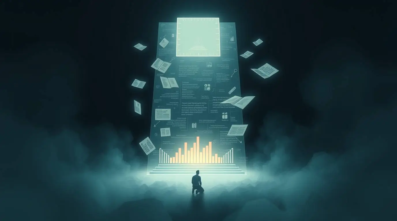 A lone figure kneels before a towering digital monument made of documents, charts and metrics, suggesting writing transformed into quantified performance.