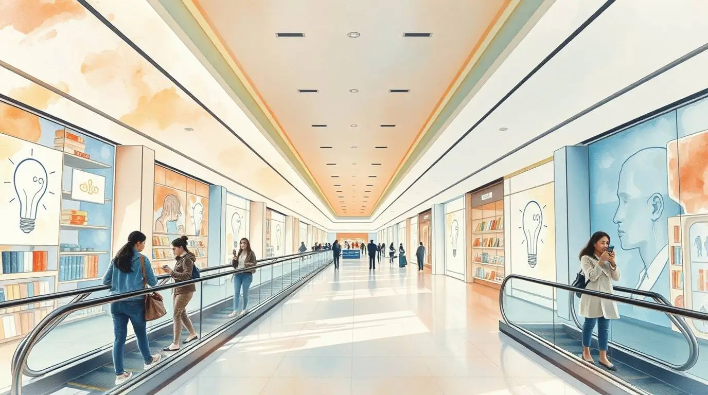 A bright, mall-like corridor with moving walkways, people scrolling on phones and wall displays showing lightbulbs and simplified human profiles.