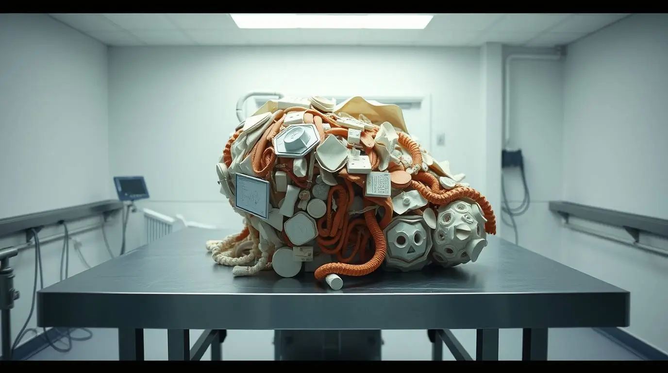 A composite brain-like mass made of cables, plastic parts and devices resting on a stainless steel table in a sterile laboratory.
