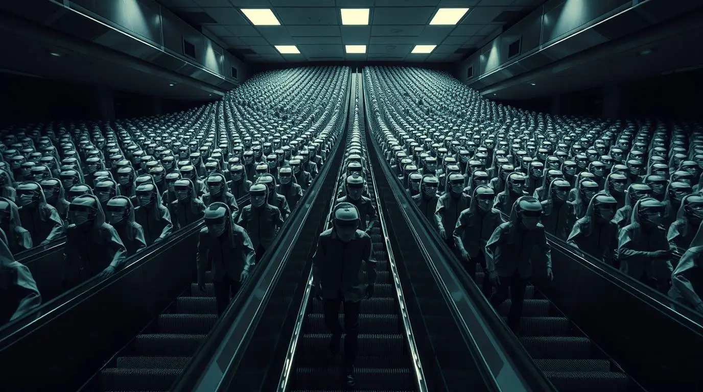 Endless rows of identical figures wearing headsets move down parallel escalators inside a sterile hall, representing mass obedience and uniform behavior driven by metrics.