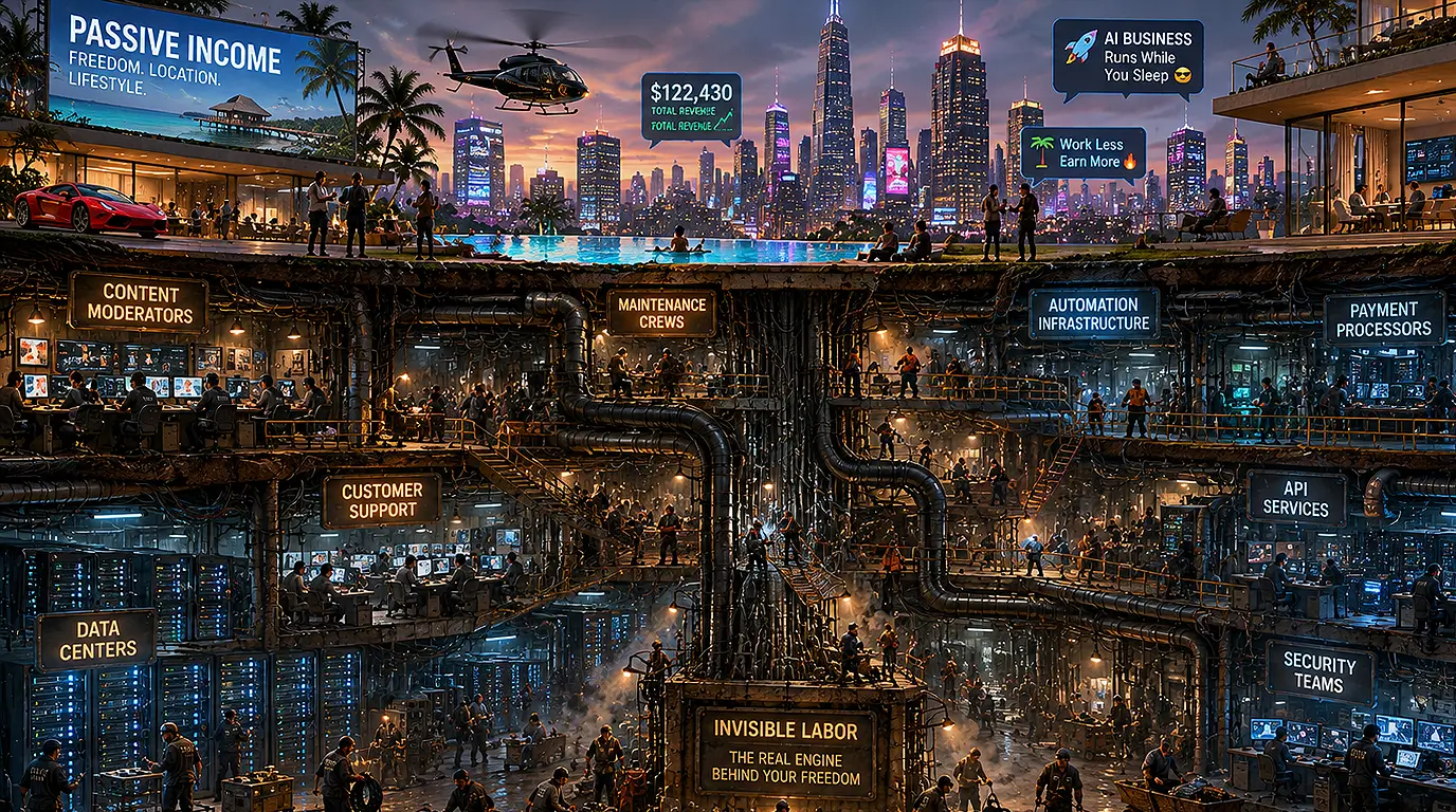 A futuristic city of passive-income dreams sits above the hidden workers, data centers, moderators and infrastructure that make it possible.