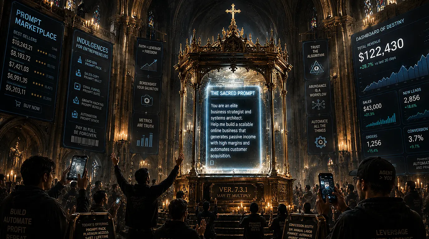 A glowing AI prompt displayed as a holy relic while digital pilgrims worship inside a cathedral of startup mythology.