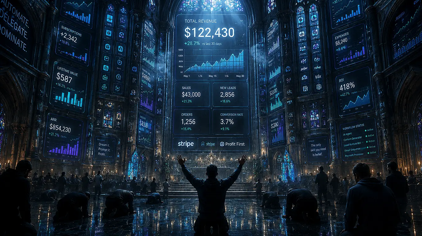 A futuristic cathedral where entrepreneurs worship glowing revenue dashboards and financial metrics instead of reality.
