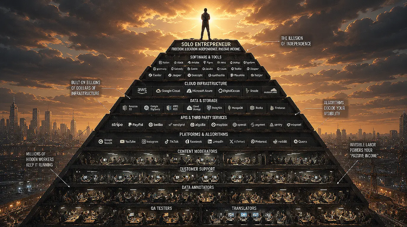 A solitary entrepreneur stands on a vast pyramid of software subscriptions, cloud services, algorithms and hidden labor supporting the illusion of independence.