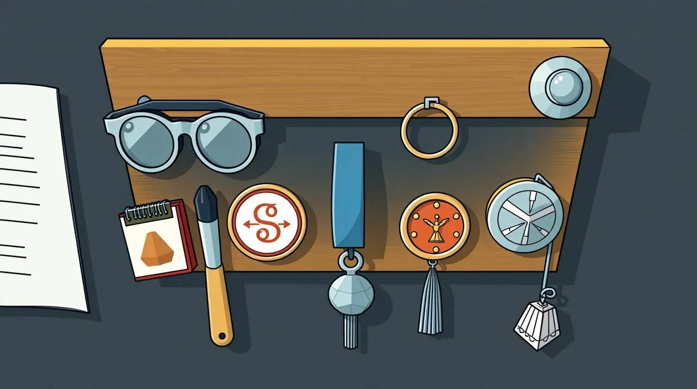 A wooden board displaying various small objects, including glasses, a notebook, a brush, circular badges, hanging ornaments and a magnifying lens arranged neatly.