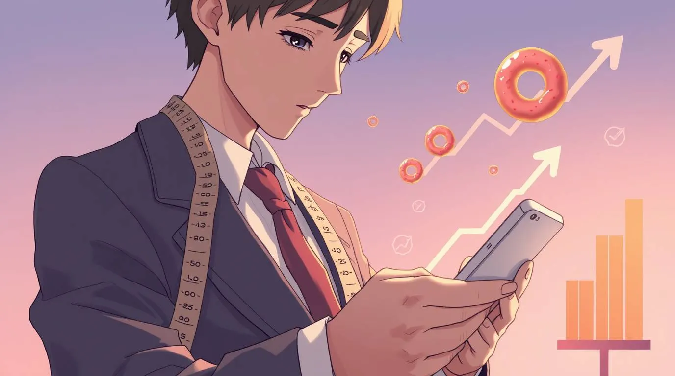 Illustration of a person in a business suit checking a smartphone while a measuring tape hangs around their neck, with donut icons and rising charts symbolizing body optimization and market-driven fitness culture.