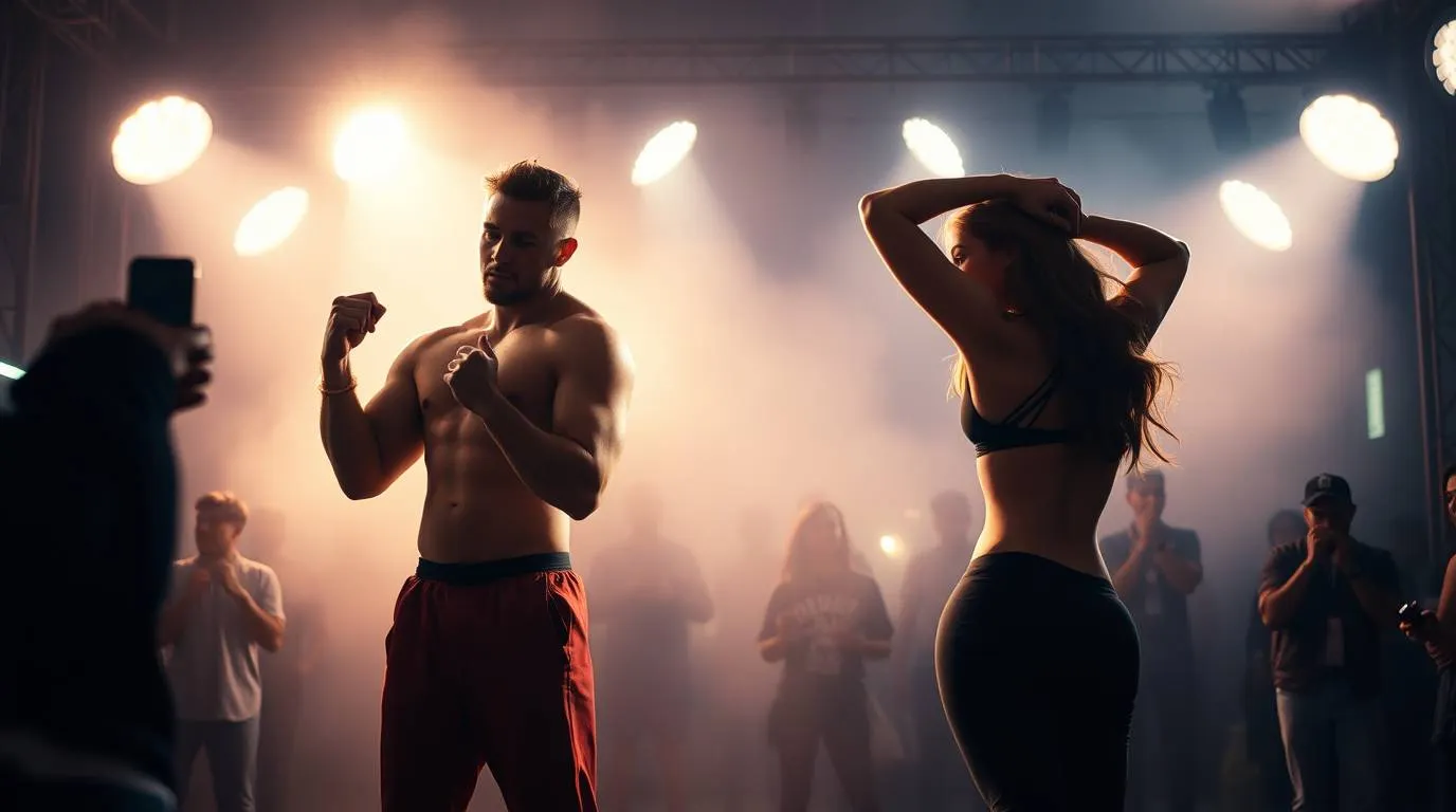 Muscular man and fit woman posing on a stage under bright lights while an audience records them, illustrating the public spectacle and performance of physical perfection.
