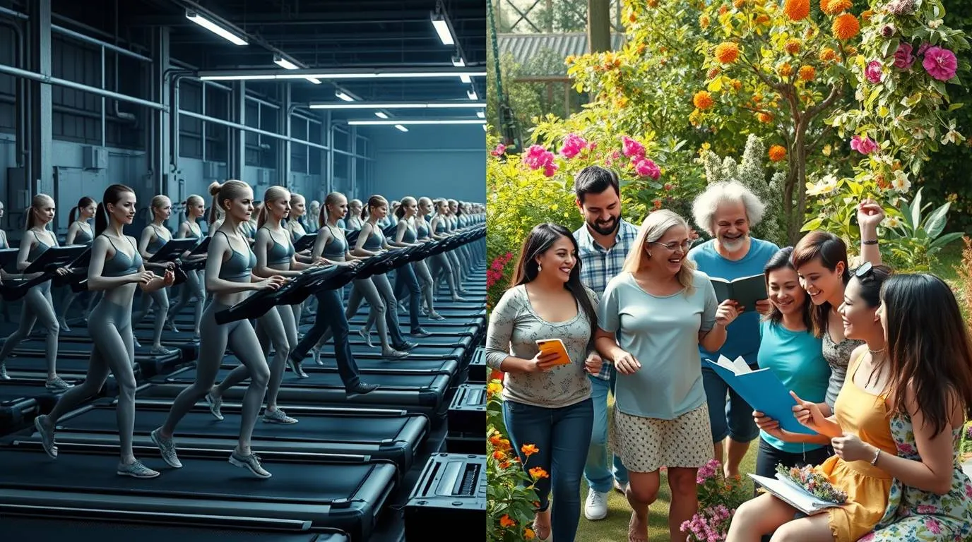 Split image showing rows of people running on treadmills in an indoor gym on the left, and a mixed-age group of people reading and talking together in a garden on the right.