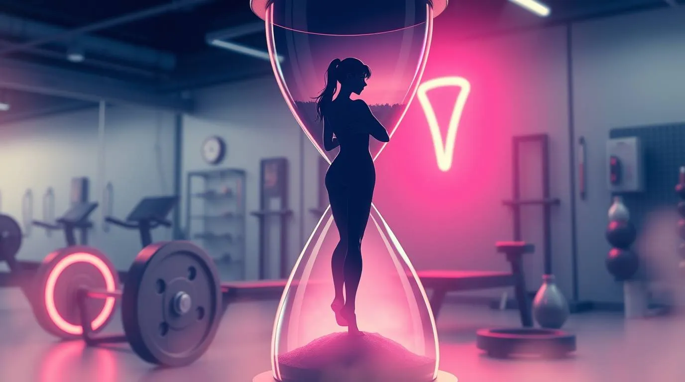 Silhouette of a woman standing inside an hourglass in a gym, with weights and neon lighting, symbolizing time pressure and the commodification of the female body through fitness and beauty standards.