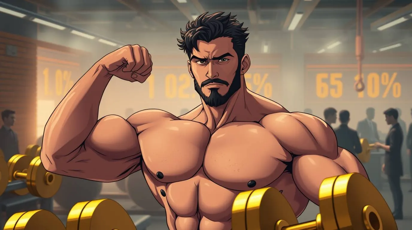 Illustration of a muscular man flexing his arm in a gym, surrounded by weights and percentage markers, symbolizing the commodification of male muscularity and fitness performance metrics.