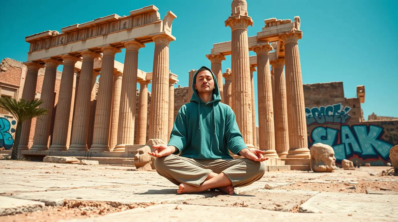 A person sitting cross-legged in meditation among ancient stone columns, wearing a hoodie, with modern graffiti visible on nearby ruins.