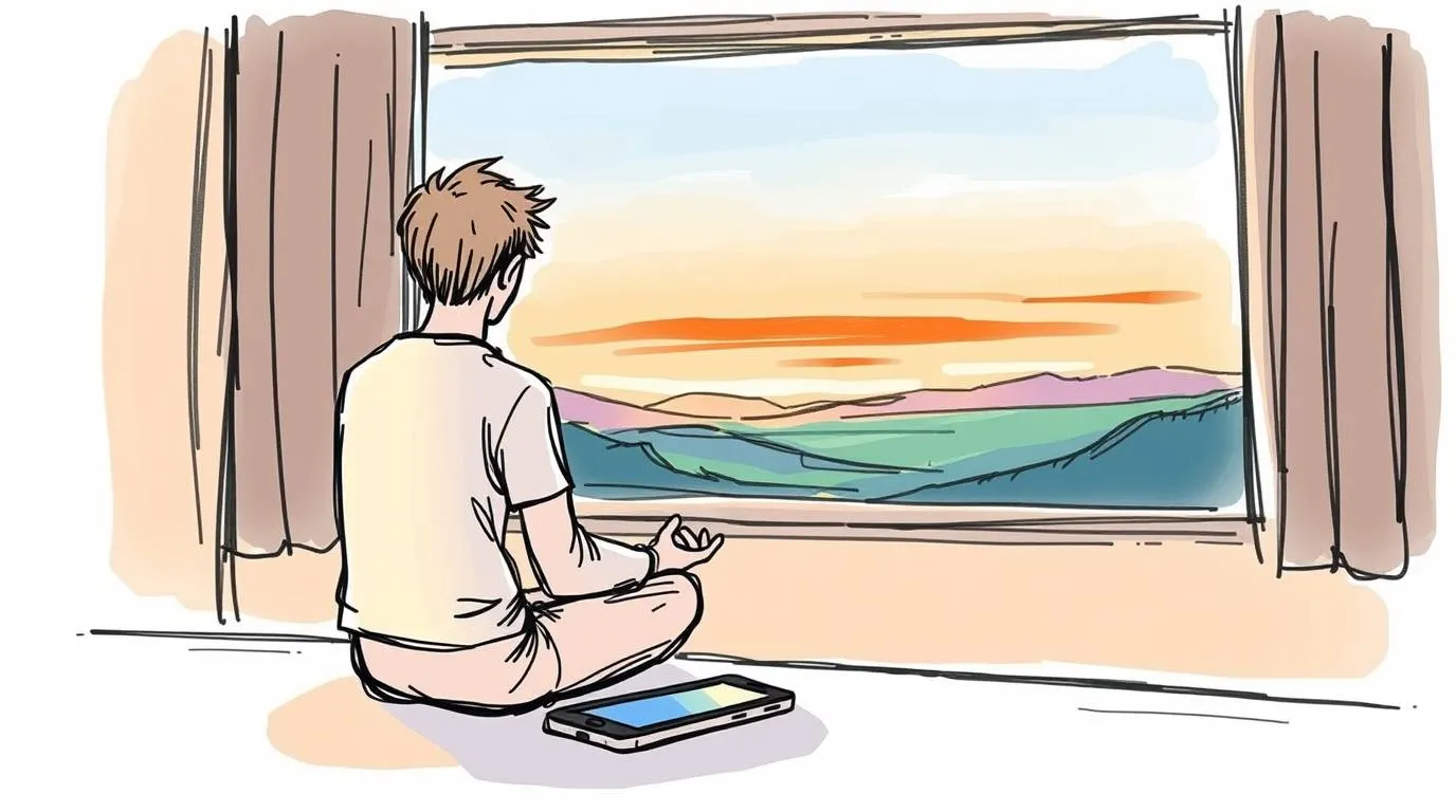 Illustration of a person sitting on the floor in a meditative pose, facing a large window with a landscape at sunset.