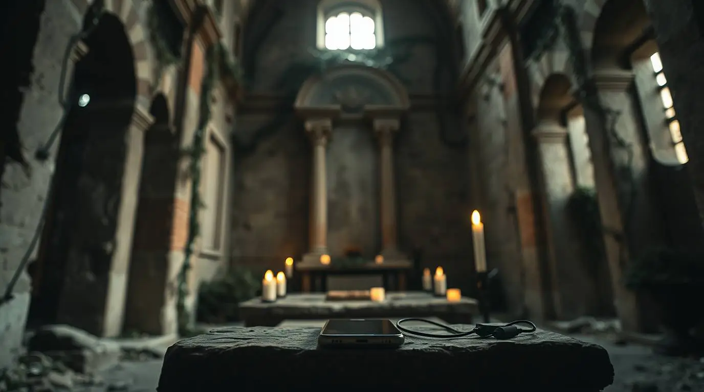 A smartphone and charging cable rest on a stone altar in a ruined chapel, lit candles glowing on an inner altar beyond.
