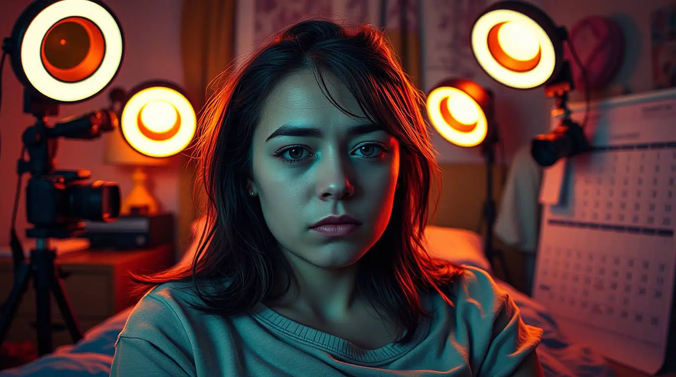 A young woman with a tired expression faces the camera in a bedroom surrounded by ring lights, cameras and a wall calendar.